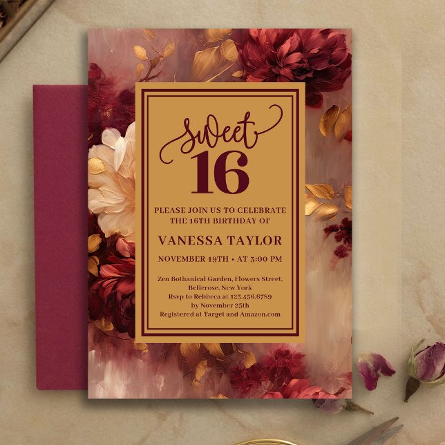 Classic Sweet Sixteen Burgundy Blush Floral Invite (Classic Sweet Sixteen Burgundy Blush Floral Invite)