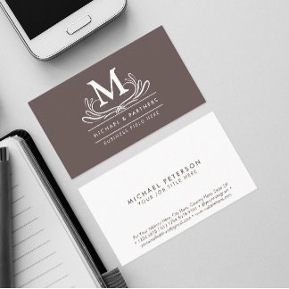 Classic Swirl Ornament Initial on Rustic Brown Business Card