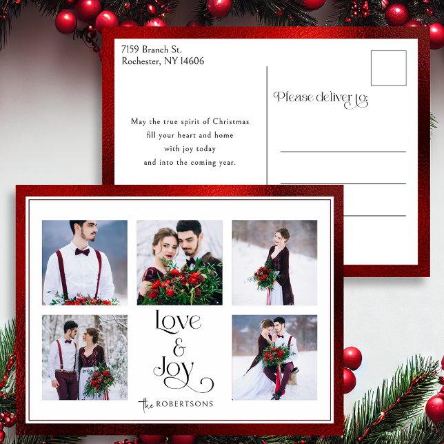 Classic Tailored Love & Joy Typography 5-Photo Holiday Postcard (Creator Uploaded)