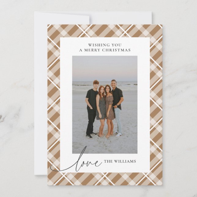 Classic Tan Tartan Plaid Love Christmas Photo Holiday Card (Front)
