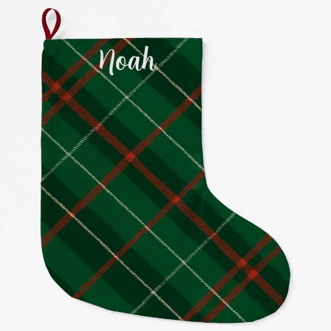 Classic Tartan Green & Red Plaid Christmas Large Christmas Stocking (Front)