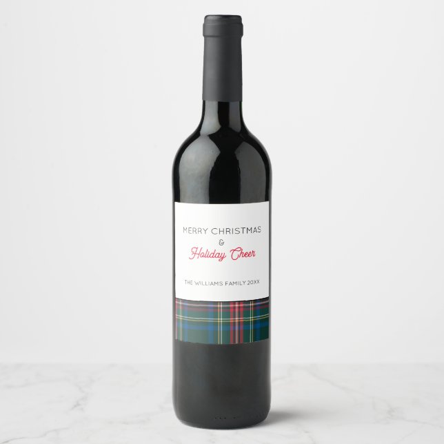 Classic Tartan Plaid Christmas Holiday Cheer NAME  Wine Label (Front)