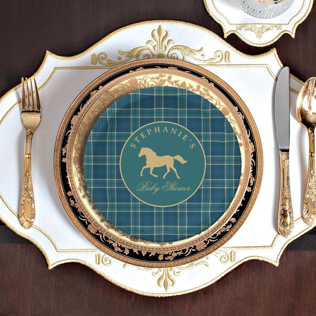 Classic Tartan Plaid Horse Equestrian Baby Shower Paper Plate (Creator Uploaded)