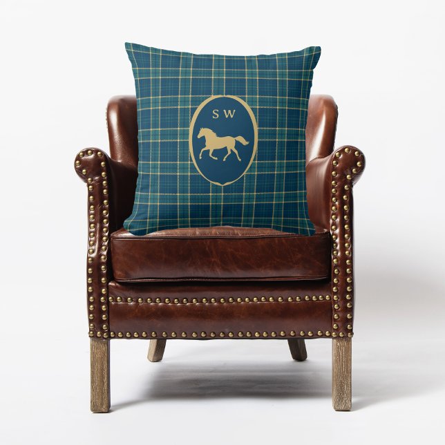 Classic Tartan Plaid Horse Equestrian Monogrammed Cushion (Creator Uploaded)