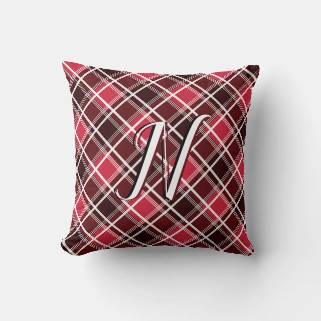 Classic Tartan Plaid Red Black Monogram Custom Cushion (Front)