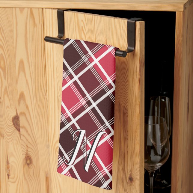 Classic Tartan Plaid Red Black Monogram Custom Tea Towel (Thirds Fold)