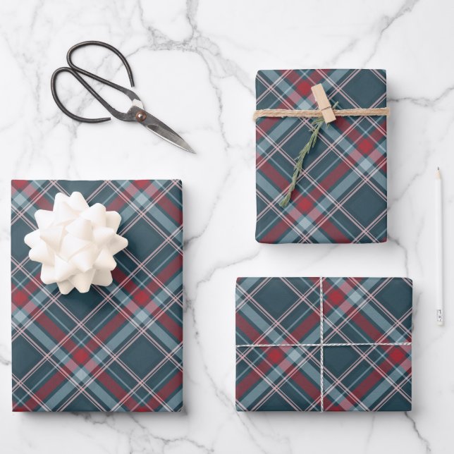 Classic Tartan Plaid Red Teal Green Christmas Wrapping Paper Sheet (Front)