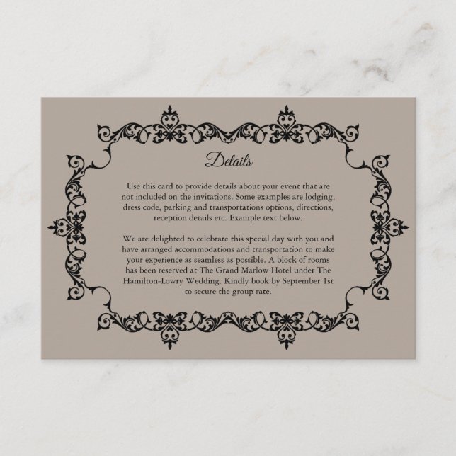 Classic Taupe Linen Brown Ornately Framed Wedding Enclosure Card (Front)