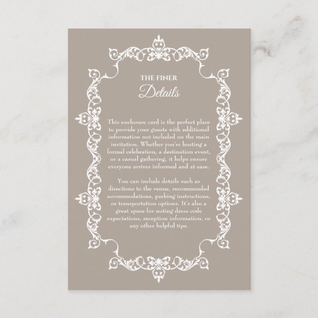 Classic Taupe Linen Brown Ornately Framed Wedding Enclosure Card (Front)
