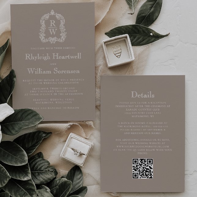 Classic Taupe Monogram Crest QR Code Wedding Invitation (Creator Uploaded)