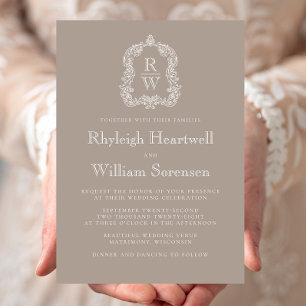 Classic Taupe Monogram Crest Wedding Invitation