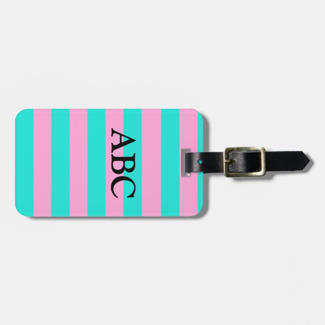 Classic Teal and Pink Striped Pattern Luggage Tag (Front Horizontal)