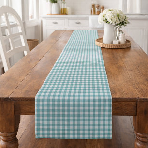 Classic Teal and White Gingham Pattern Farmhouse Short Table Runner
