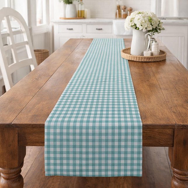 Classic Teal and White Gingham Pattern Farmhouse Short Table Runner (A table runner featuring a gingham plaid in teal and white.)