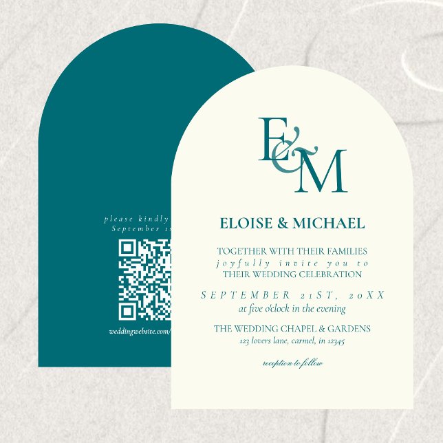 Classic Teal Blue Monogram Minimalist Wedding Invitation (Classic Teal Blue Monogram Minimalist Wedding Invitation)
