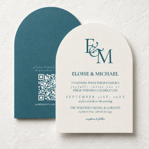 Classic Teal Blue Monogram Minimalist Wedding Invitation