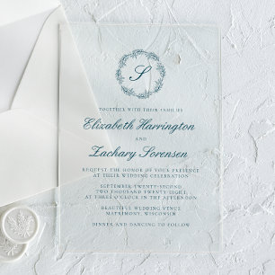 Classic Teal Blue Monogram Wreath Script Wedding Acrylic Invitations