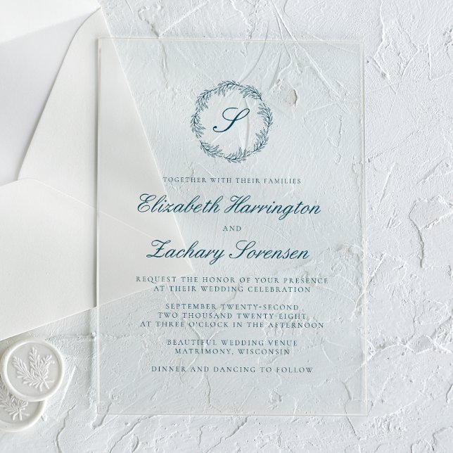 Classic Teal Blue Monogram Wreath Script Wedding Acrylic Invitations (Creator Uploaded)