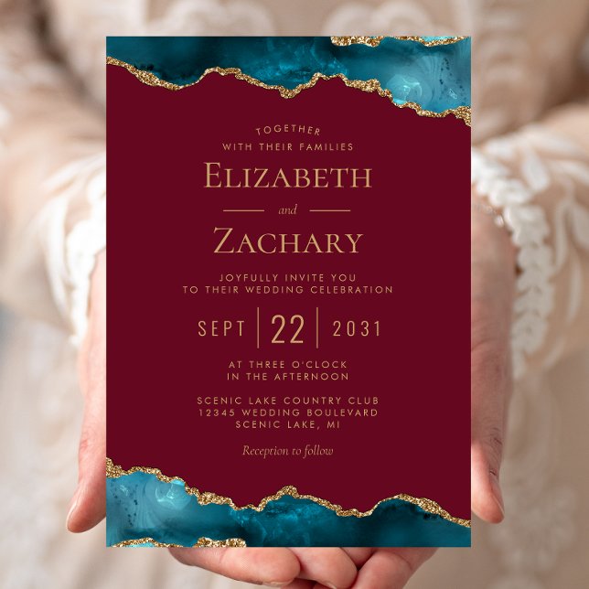 Classic Teal Gold Agate Burgundy Wedding Invitation (Creator Uploaded)