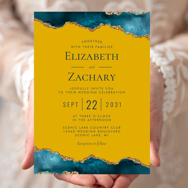 Classic Teal Gold Agate Mustard Yellow Wedding Invitation (Creator Uploaded)