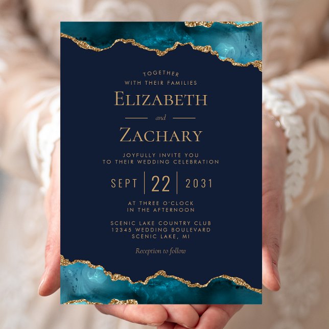 Classic Teal Gold Agate Navy Blue Wedding Invitation (Creator Uploaded)