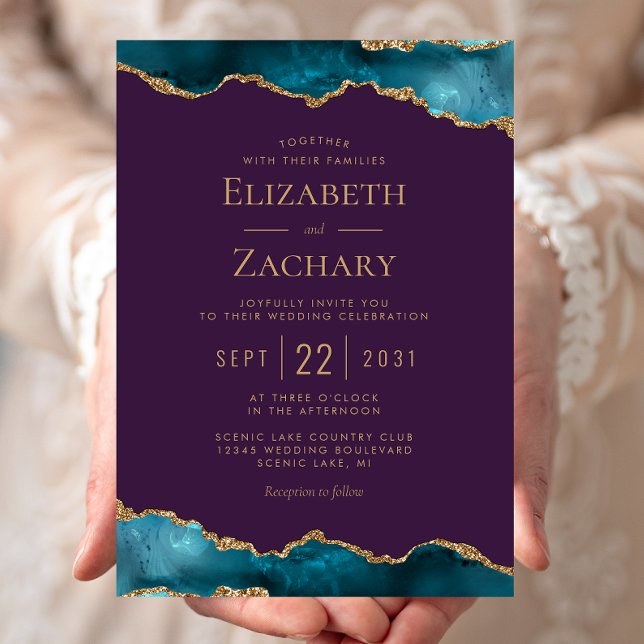 Classic Teal Gold Agate Purple Wedding Invitation (Creator Uploaded)