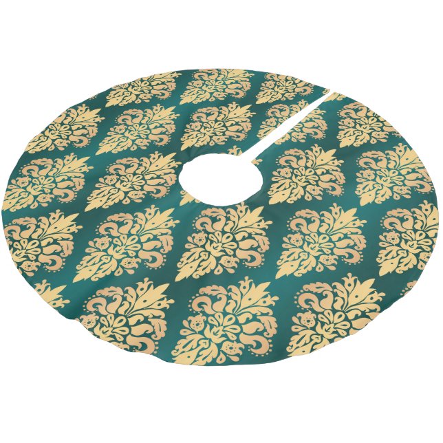 Classic Teal Green Gold Damask Christmas Pattern Brushed Polyester Tree Skirt (Angled)