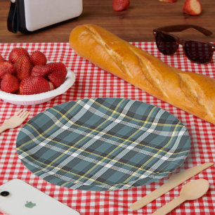 Classic Teal Grey Blue Yellow Tartan Plaid Stripes Paper Plate