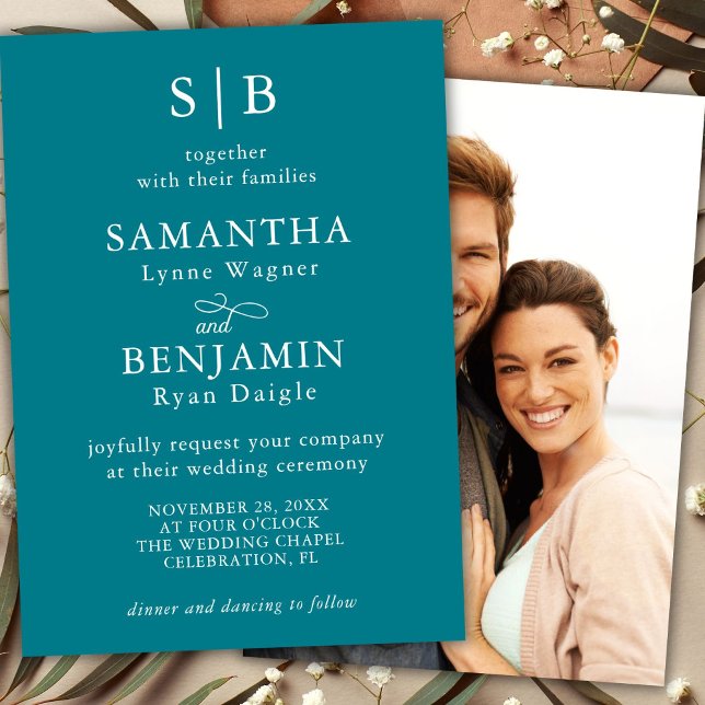 Classic Teal Monogram Photo Wedding Invitation (Creator Uploaded)