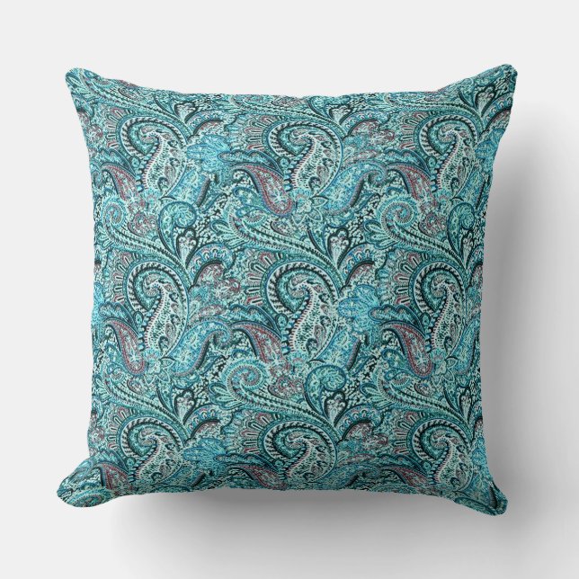 Classic Teal Paisley Throw Pillow (Front)