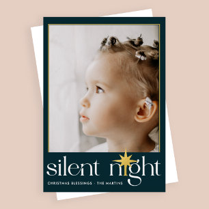 Classic Teal Silent Night Christmas Star Photo Foil Holiday Card