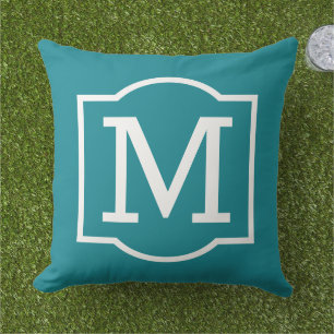 Classic Teal White Bracket Monogram Cushion