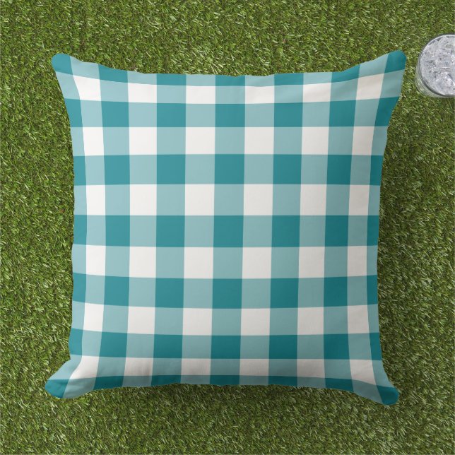 Classic Teal White Gingham Plaid Check Cushion (Grass)