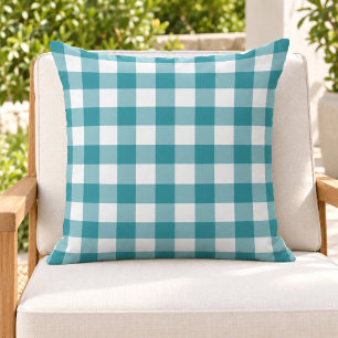 Classic Teal White Gingham Plaid Check Cushion