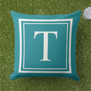 Classic Teal White Square Frame Monogram Cushion