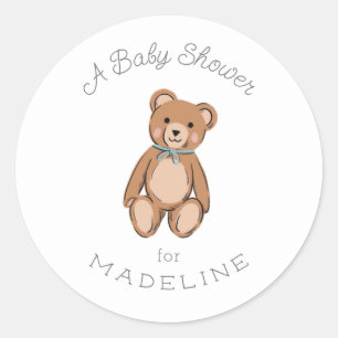 Classic Teddy Bear Blue Baby Shower Round Sticker