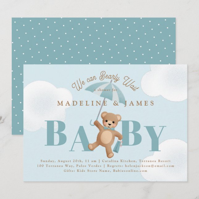 Classic Teddy Bear Blue Bearly Wait Baby Shower Invitation (Front/Back)