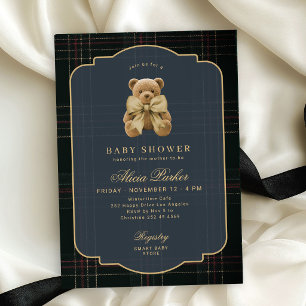Classic teddy bear dark navy blue gold baby shower invitation