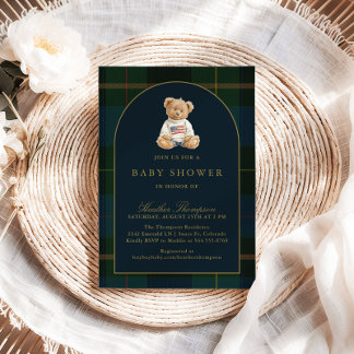 Classic Teddy Bear Green & Blue Plaid Baby Shower Invitation