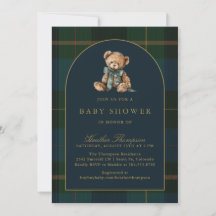 Classic Teddy Bear Green & Blue Plaid Baby Shower