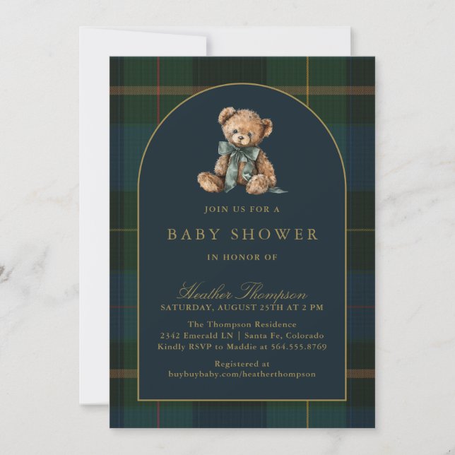 Classic Teddy Bear Green & Blue Plaid Baby Shower Invitation (Front)