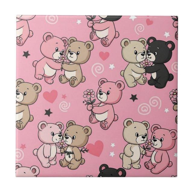 Classic Teddy Bear Hearts Pattern Ceramic Tile (Front)