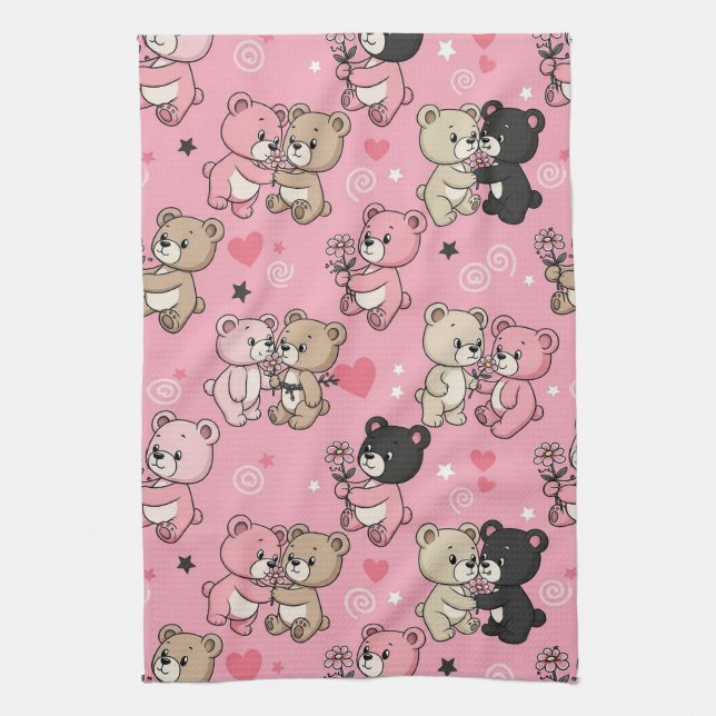 Classic Teddy Bear Hearts Pattern Tea Towel (Vertical)