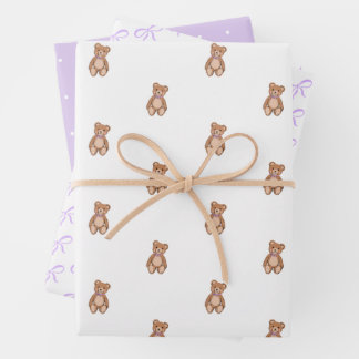 Classic Teddy Bear Lavender Purple Bow Baby Shower Wrapping Paper Sheet
