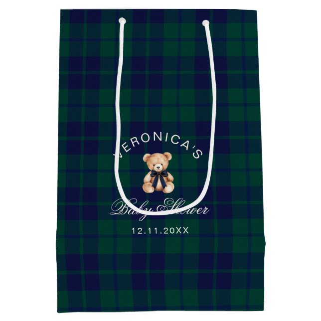 Classic Teddy Bear Navy Plaid Baby Shower Medium Gift Bag (Back)