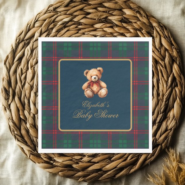 Classic Teddy Bear Navy Plaid Preppy Baby Shower Napkin (classic Teddy Bear Navy Plaid Preppy Baby Shower Napkins)