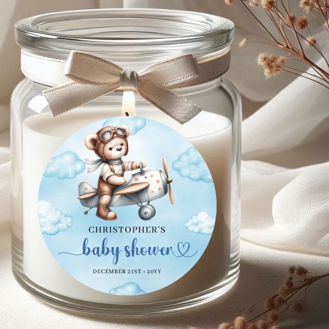 Classic Teddy Bear Pilot Blue Brown Baby Shower  Classic Round Sticker (Classic Teddy Bear Pilot Blue Brown Baby Shower Sticker

)