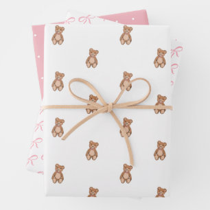 Classic Teddy Bear Pink Bow Baby Shower Wrapping Paper Sheet
