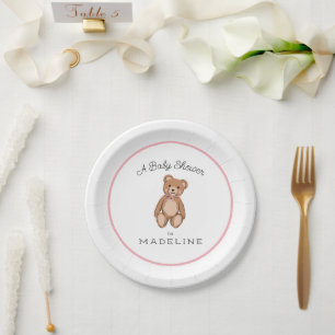 Classic Teddy Bear Pink White Baby Shower Paper Plate