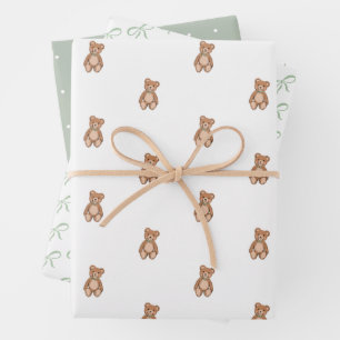 Classic Teddy Bear Sage Green Bow Baby Shower Wrapping Paper Sheet